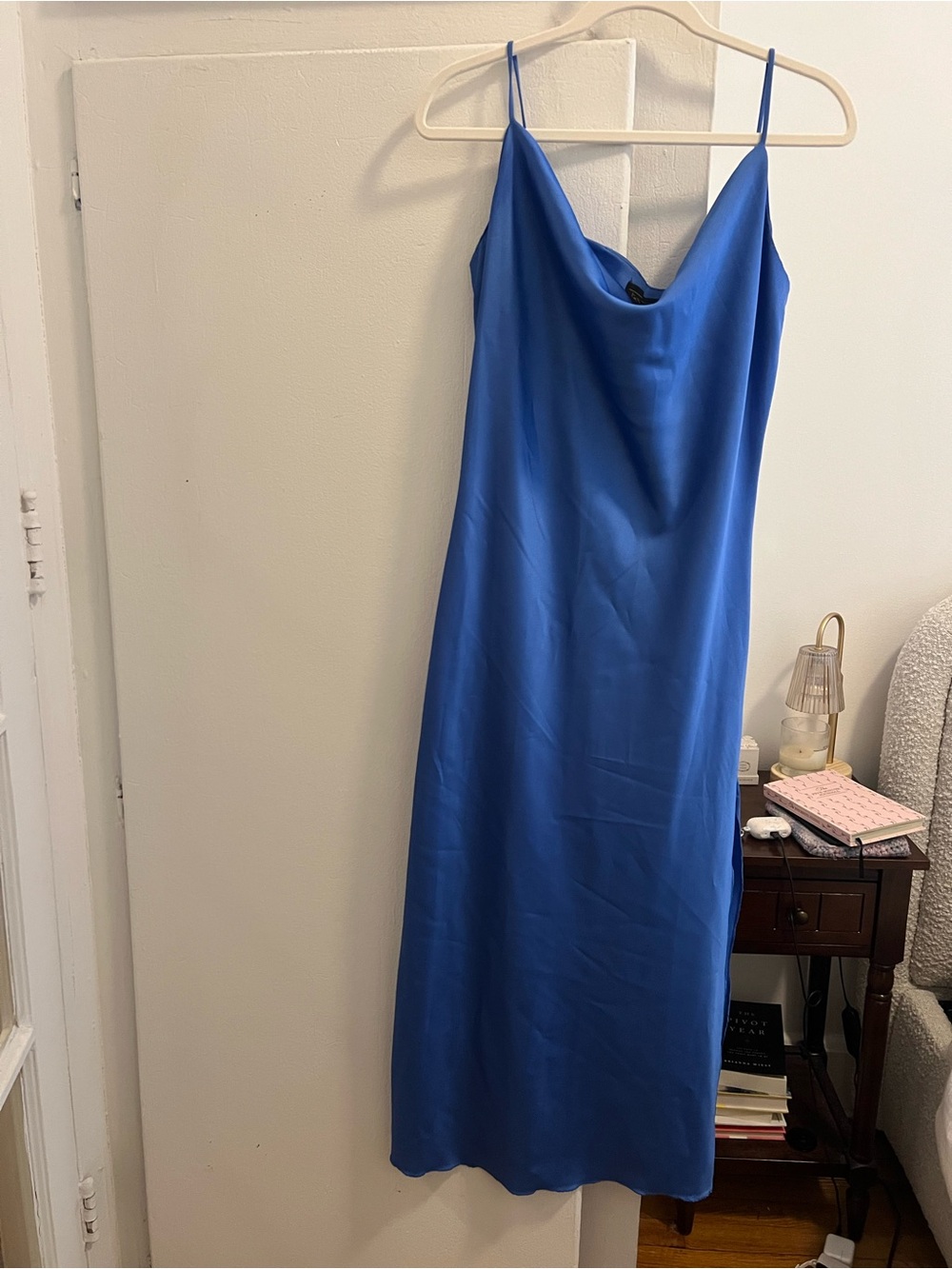 Silky Blue Side-Slit Slip Dress - Picture 2 of 3